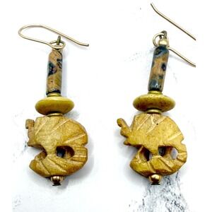 Elephant Earrings Vintage Dangle Carved Wooden Boho Safari Style